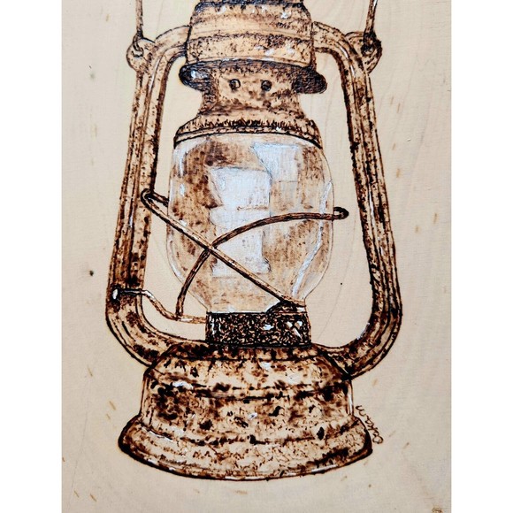Lantern Wood Burned Pyrography Raw Edge Wood Slab Hand Crafted 15x9 - Picture 4 of 5